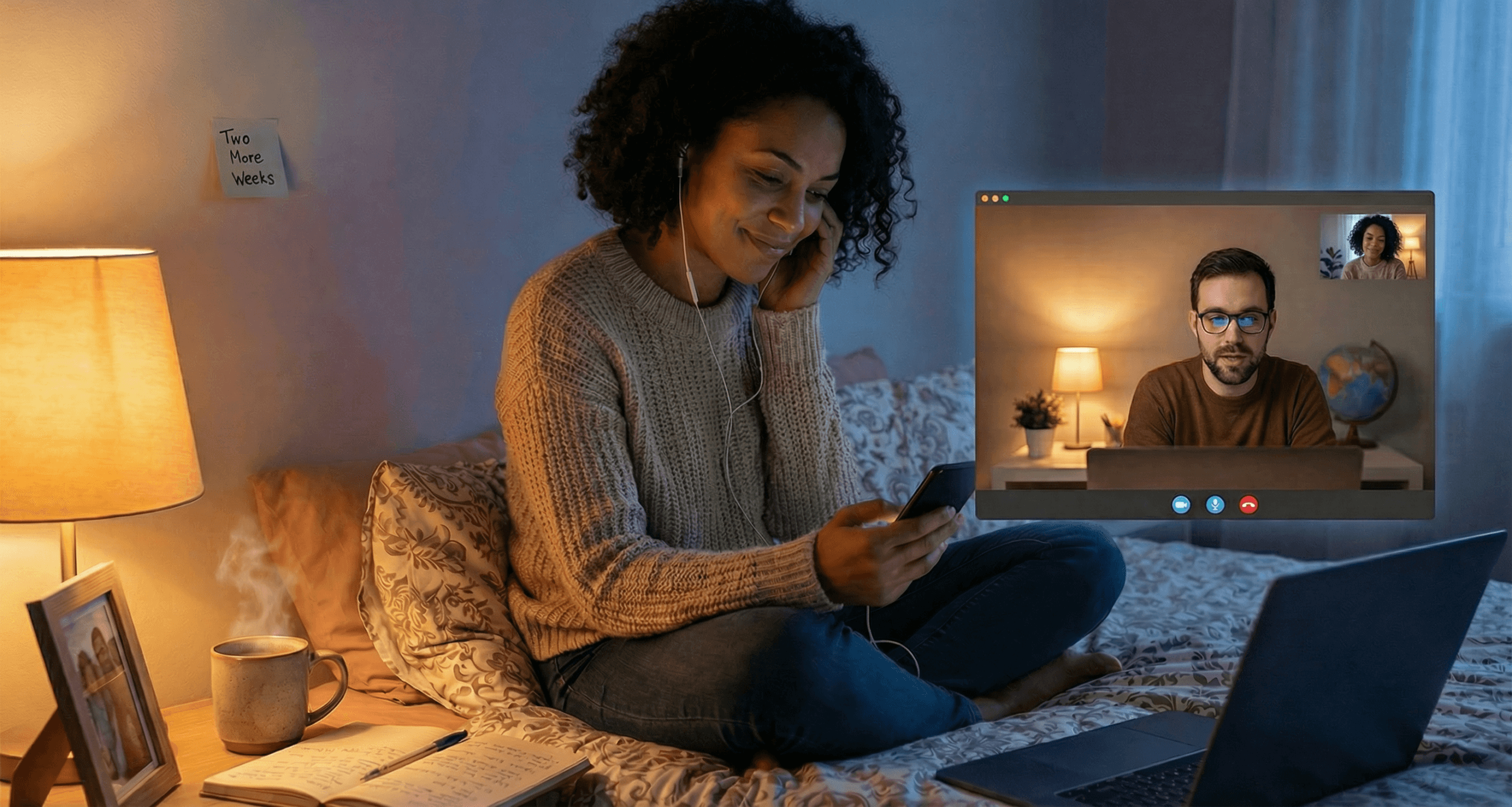 A woman listens warmly to her partner during a nighttime video call, amber and blue lamplight linking their two homes, illustrating long‑distance relationship tips through empathy, consistent communication, and emotional presence across miles.