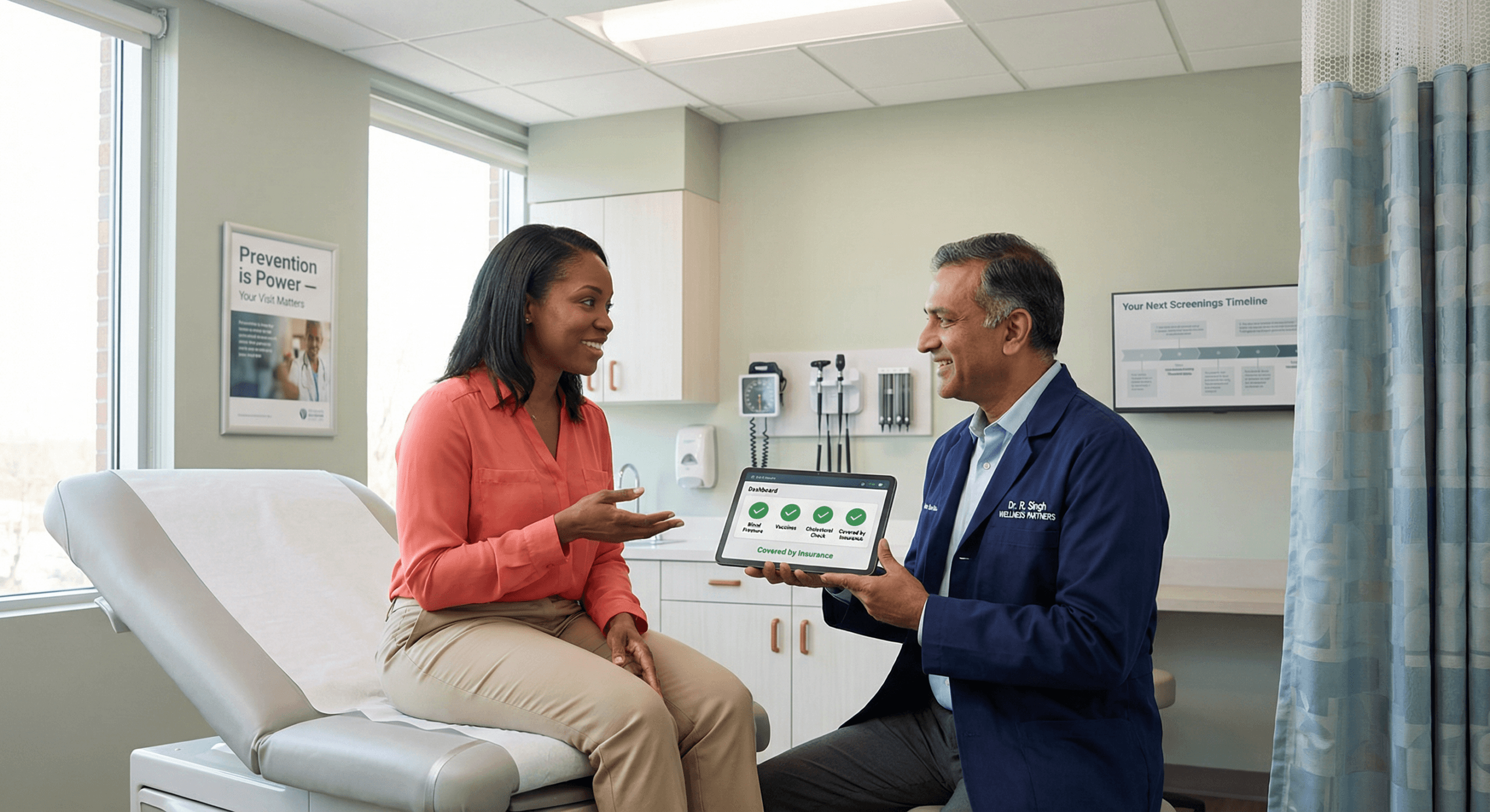 A patient and doctor smile while reviewing a tablet showing completed wellness tests, symbolizing Preventive Checkups and Insurance Coverage working together to make healthcare proactive, reassuring, and fully supported.