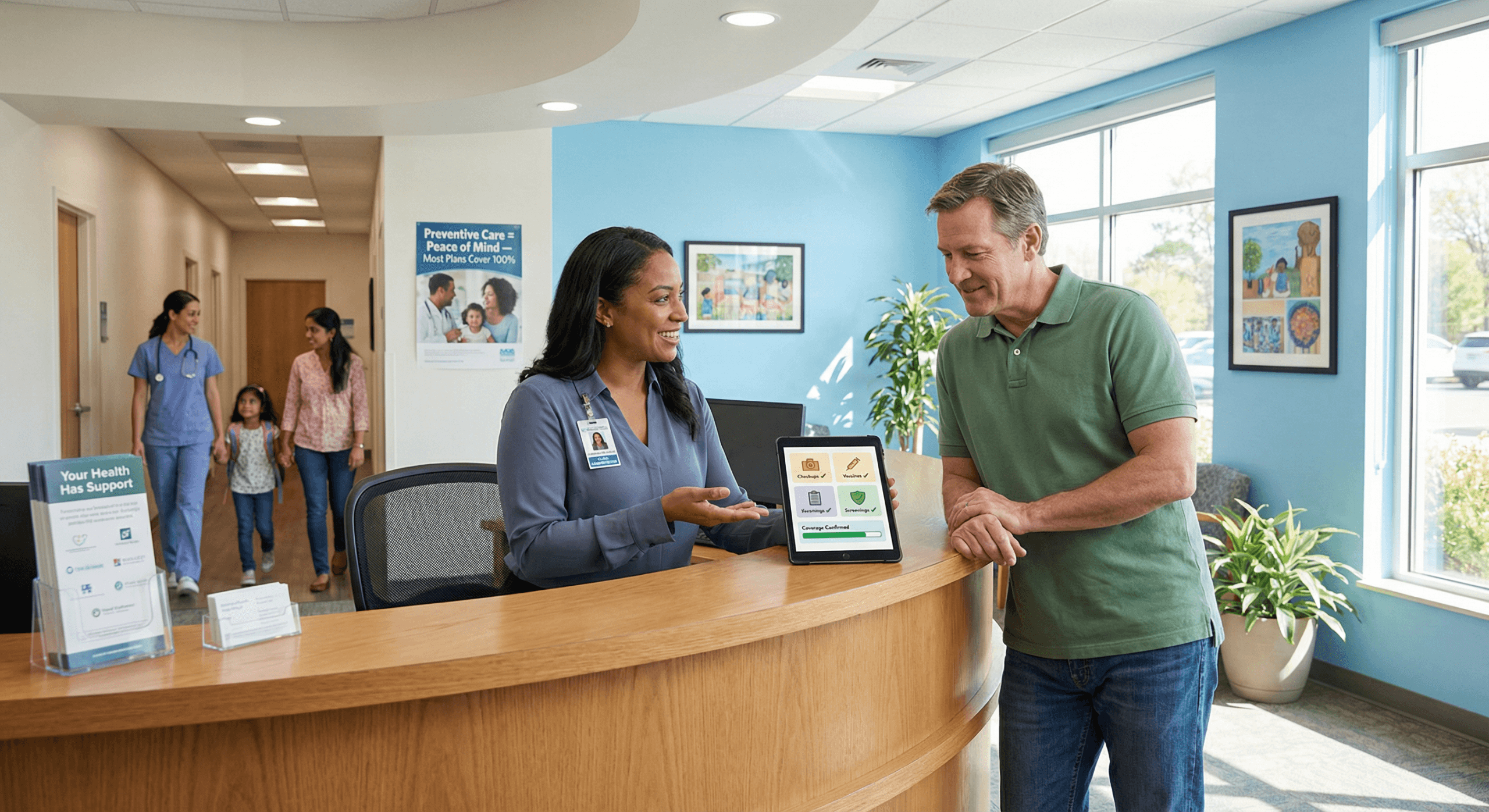 A clinic administrator reviews a digital tablet with a patient in a bright, friendly lobby, showing Preventive Checkups and Insurance Coverage working together to make routine care clear, supported, and stress‑free.