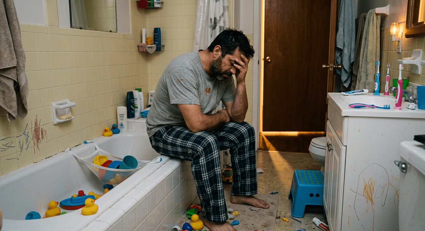Latino father sitting on bathtub edge with head in hands showing parental burnout recovery challenges in family bathroom