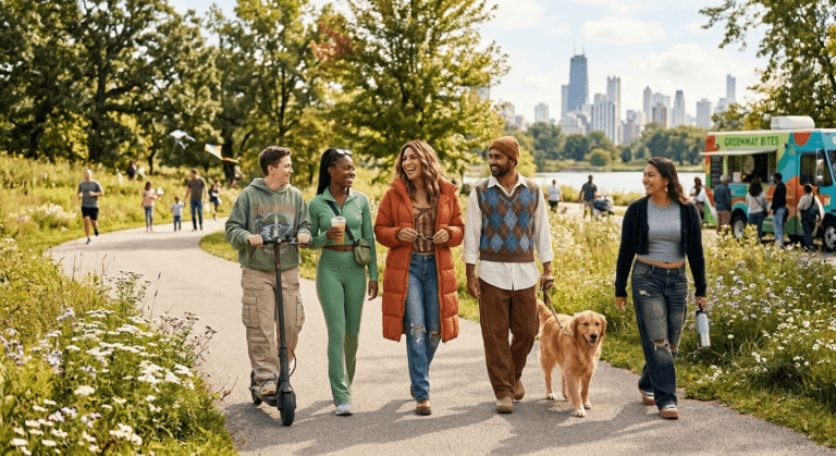 A diverse group of friends walks and laughs together through a sunlit city park, reflecting social fitness and health as everyday connection, outdoor movement, and inclusion that strengthen both body and community well‑being.