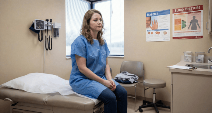 Black woman sitting on exam table in medical gown during preventive health screening appointment illustrating importance of preventive health screenings by age