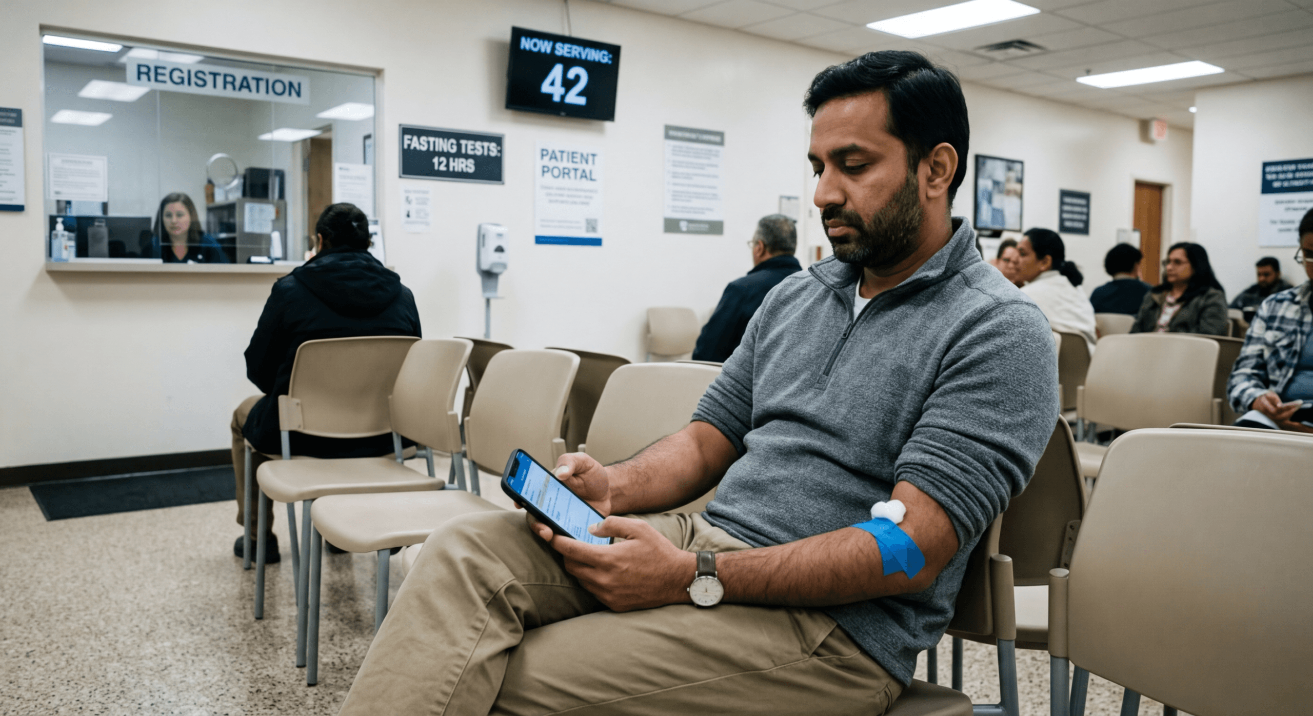South Asian man in medical lab waiting area after blood draw reviewing diabetes screening orders on patient portal following preventive health screenings by age guidelines