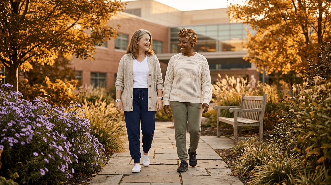 Two women in mid‑recovery walk side by side through a sunlit hospital healing garden, smiling quietly, representing caregiver vulnerability and mutual support as they share parallel healing journeys built on empathy and equality.