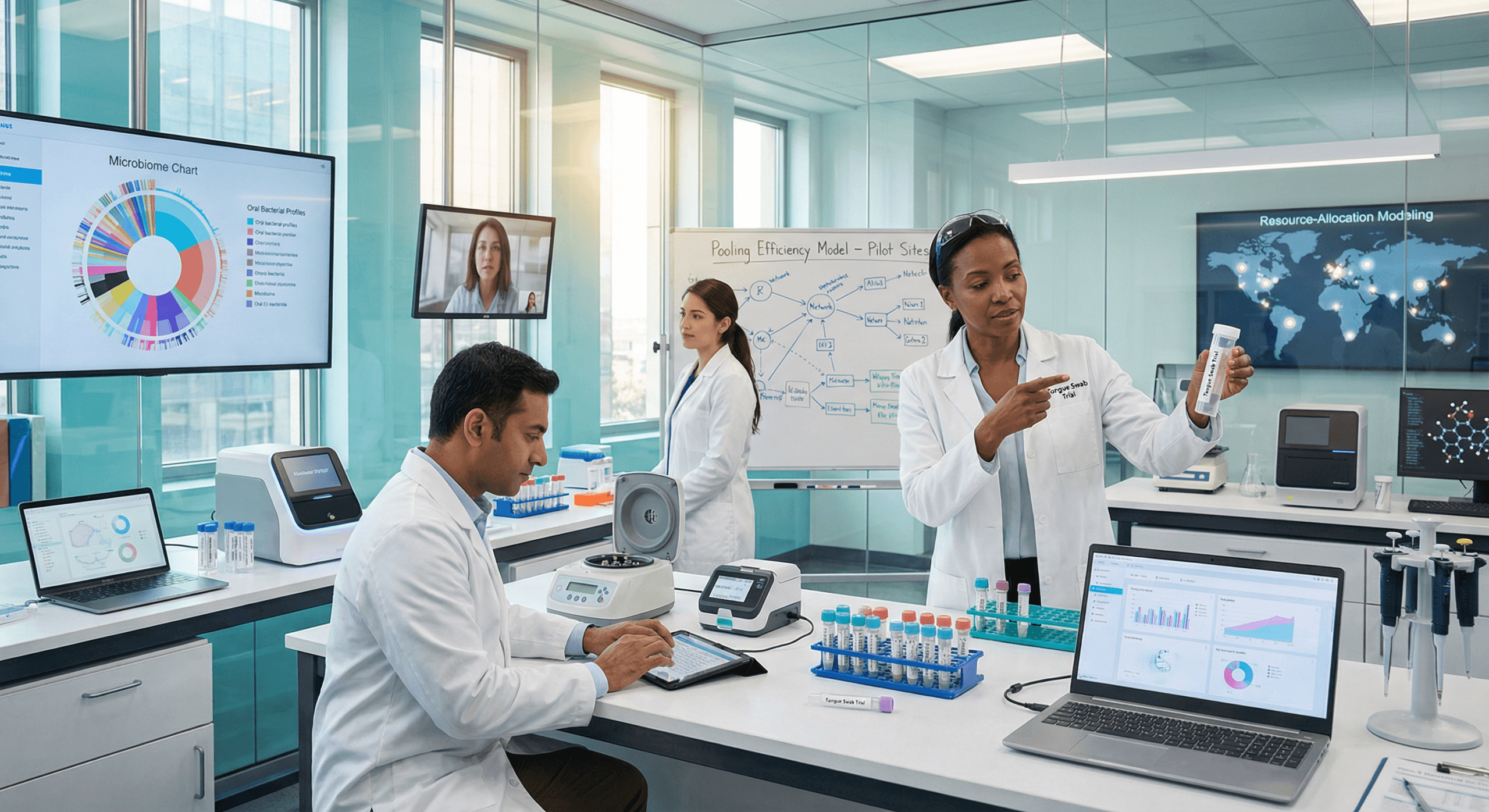Scientists analyze tongue‑swab trial samples in a bright lab, symbolizing the WHO tuberculosis diagnosis update through diverse collaboration, near‑point‑of‑care technology, and data‑driven global research.
