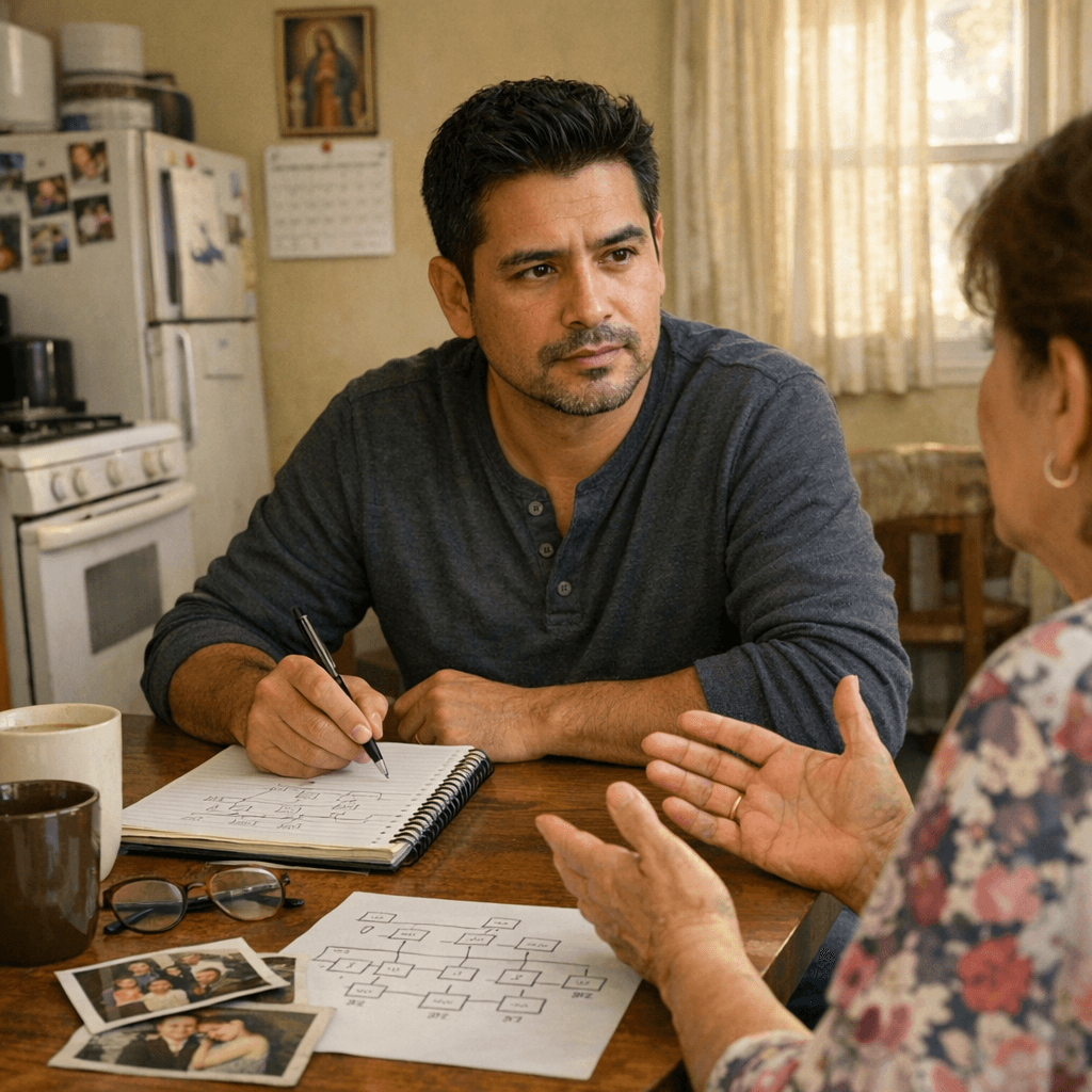 Latino man taking notes at kitchen table with mother discussing family health history to inform preventive health screenings by age recommendations