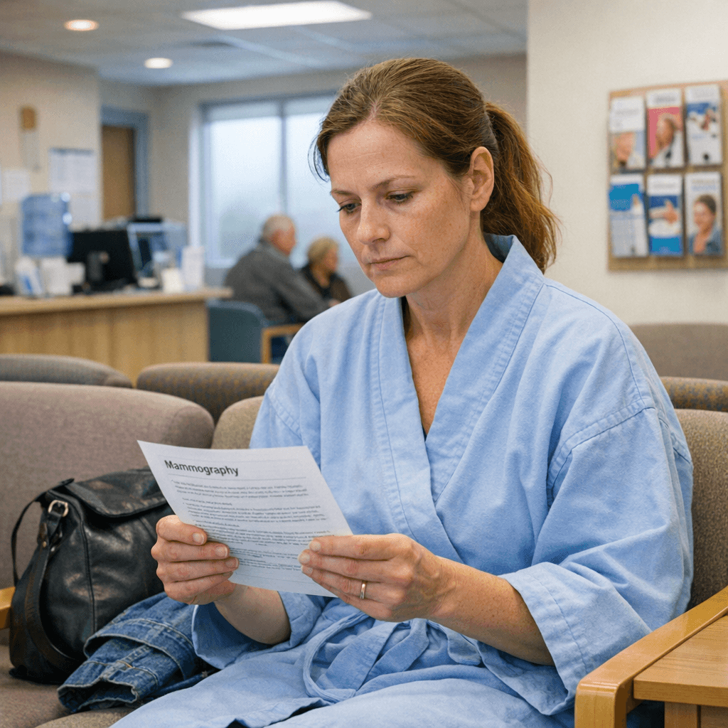Woman in medical imaging waiting room reading mammography information sheet illustrating breast cancer preventive health screenings by age