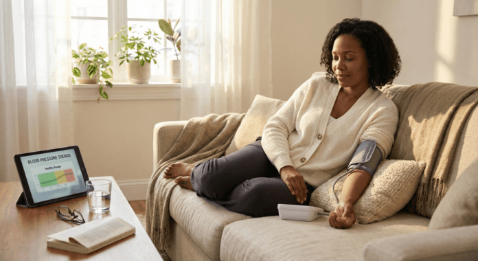 A woman relaxes on her sofa under warm daylight while checking her blood pressure with a digital home monitor, illustrating blood pressure numbers explained as calm self‑care through knowledge and confidence.