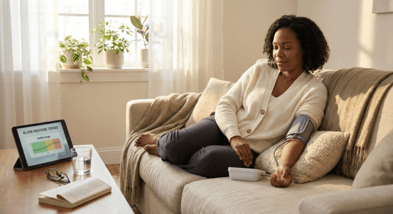 A woman relaxes on her sofa under warm daylight while checking her blood pressure with a digital home monitor, illustrating blood pressure numbers explained as calm self‑care through knowledge and confidence.