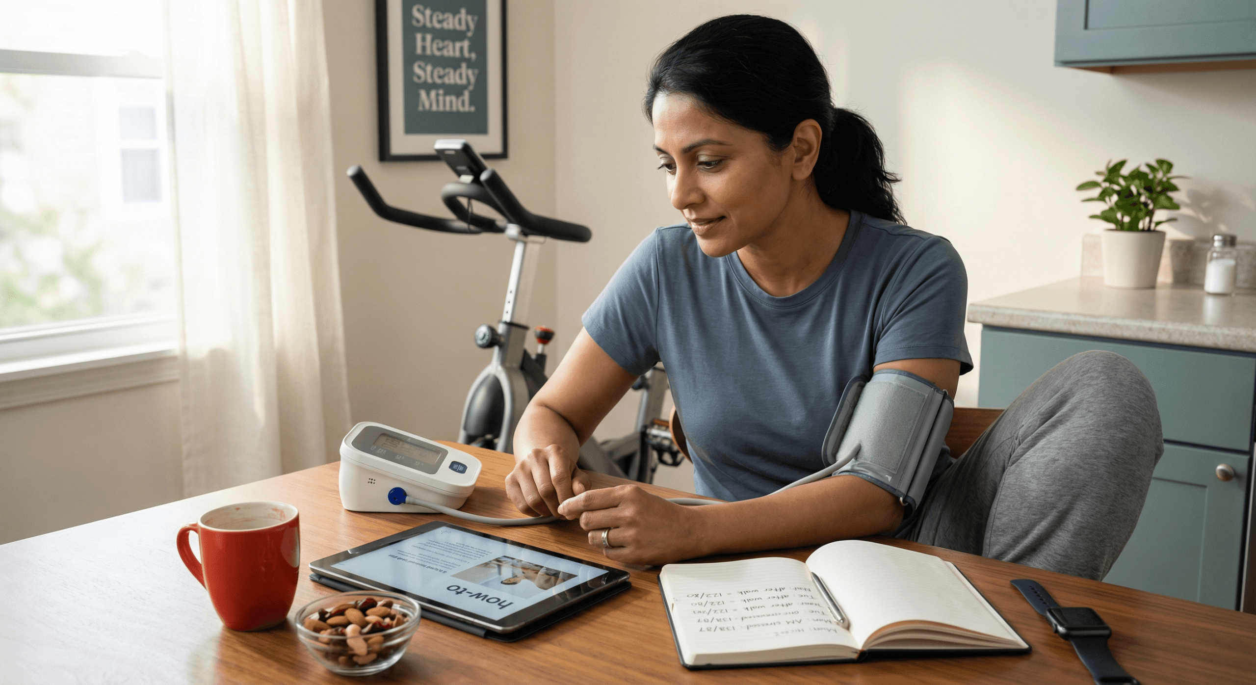 A South‑Asian American woman reviews a tablet while learning how to use her home blood‑pressure monitor, symbolizing blood pressure numbers explained through calm understanding and everyday health awareness.