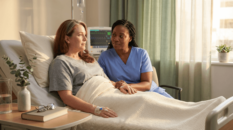 A nurse in blue scrubs leans close to hold her friend’s arm beside a hospital bed, both women bathed in golden light, portraying caregiver vulnerability through empathy, role reversal, and emotional strength shared in illness and friendship.