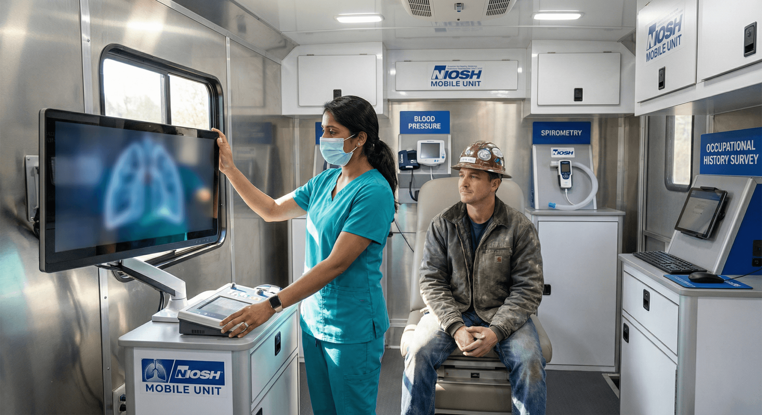A clinician adjusts a digital chest X‑ray monitor while a miner sits nearby inside a bright mobile clinic, representing NIOSH coal miner screening 2026 and its goal of bringing modern respiratory and health testing directly to mining communities.