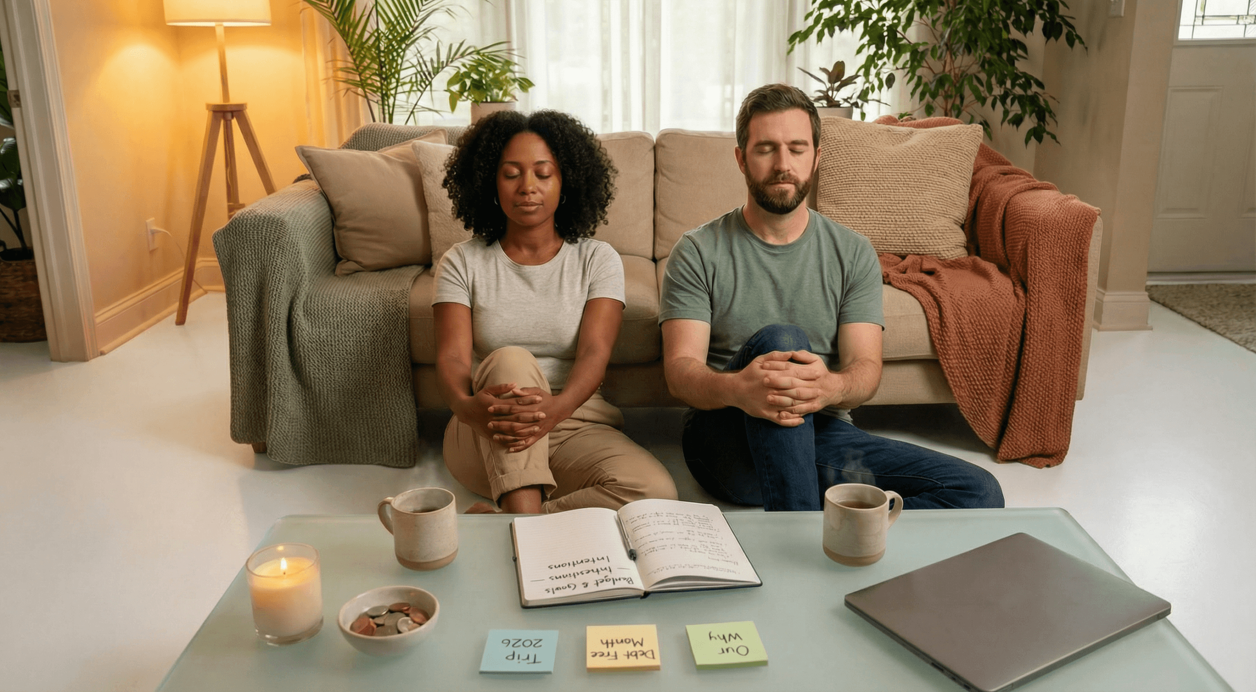 A couple sits calmly together on the floor holding hands, eyes closed in shared breath before discussing money goals, illustrating financial disagreements in relationships approached through emotional grounding, gratitude, and teamwork.