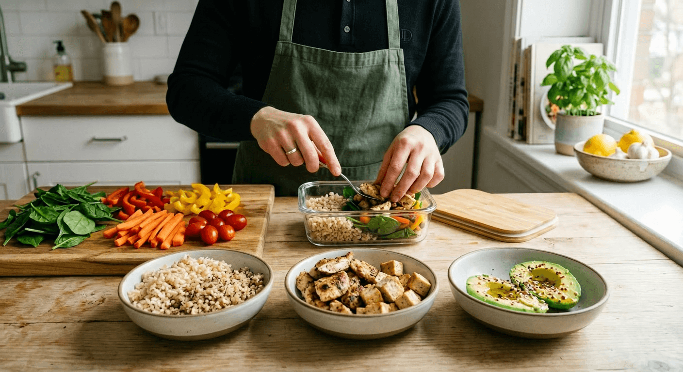 Hands combine bowls of grains, chicken or tofu, and avocado on a sun‑lit counter, illustrating balancing carbs protein fat energy through everyday meal prep that unites nutrients for steady focus and vitality.