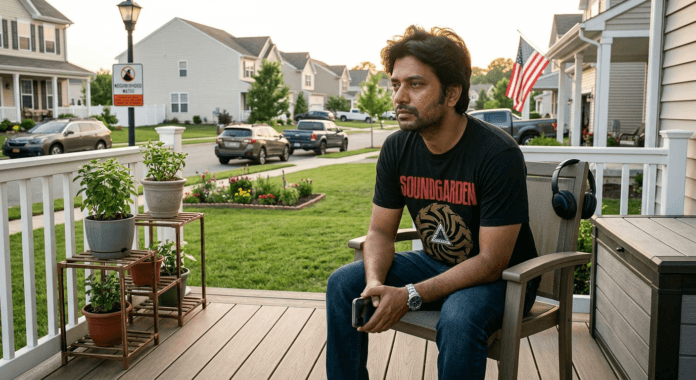 South Asian man sitting on apartment balcony with distant unfocused expression holding phone during golden hour light