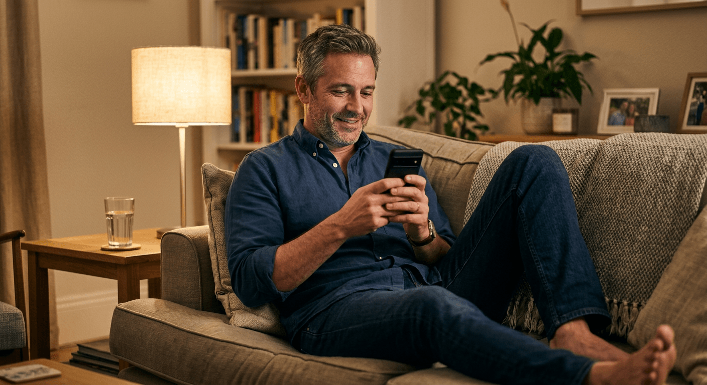 Man sitting on couch with slight smile looking at smartphone screen browsing dating profiles in evening light