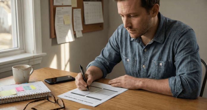 man-completing-cbt-anxiety-worksheet-home-desk.jpg Man at wooden desk holding pen over printed CBT worksheet with focused expression in afternoon light