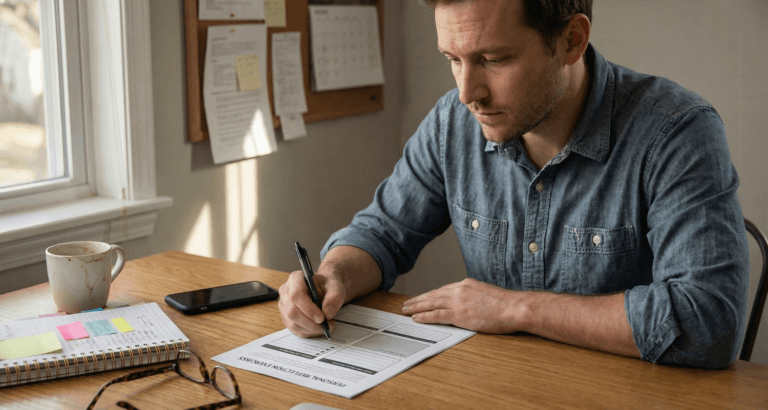 Man at wooden desk holding pen over printed CBT worksheet with focused expression in afternoon light