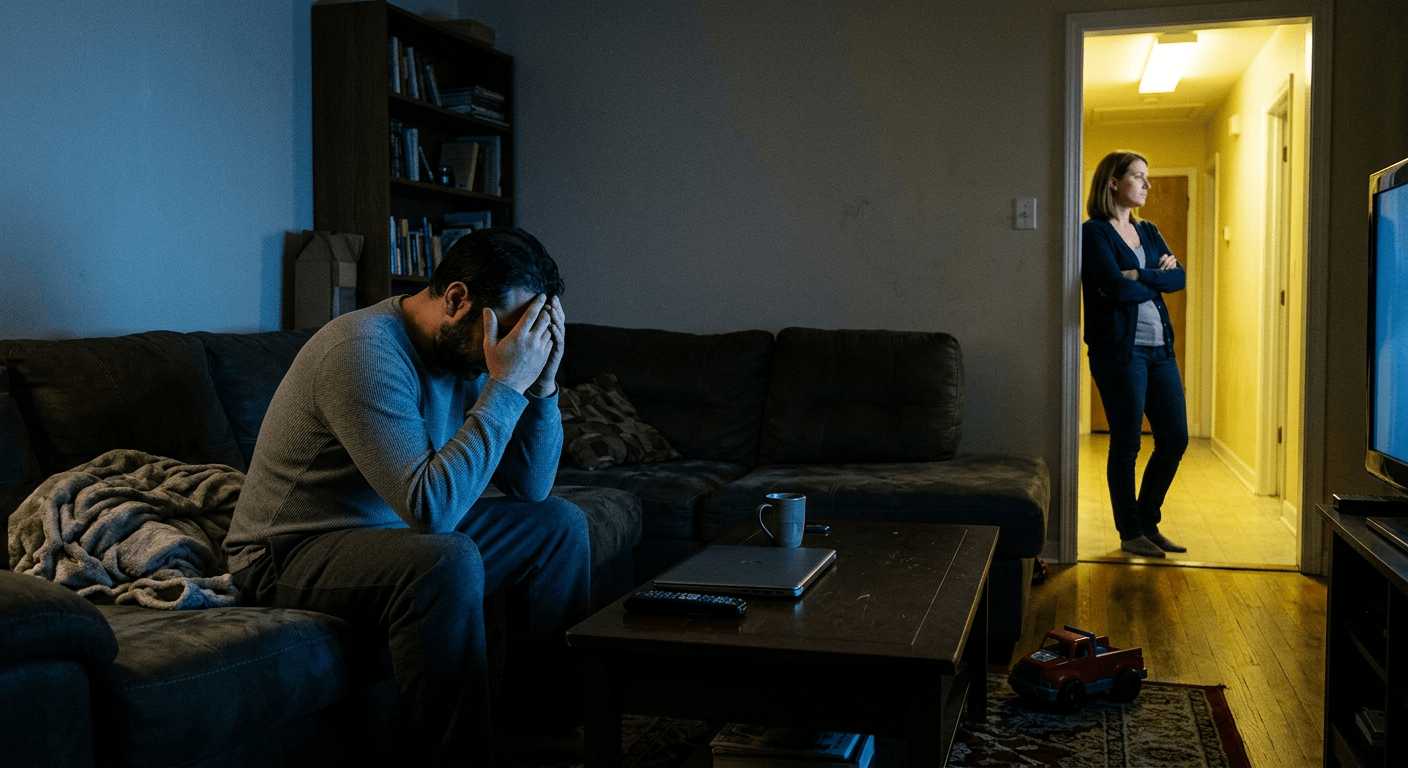 Middle Eastern man sitting hunched on couch with head in hands while partner stands distant in lit hallway