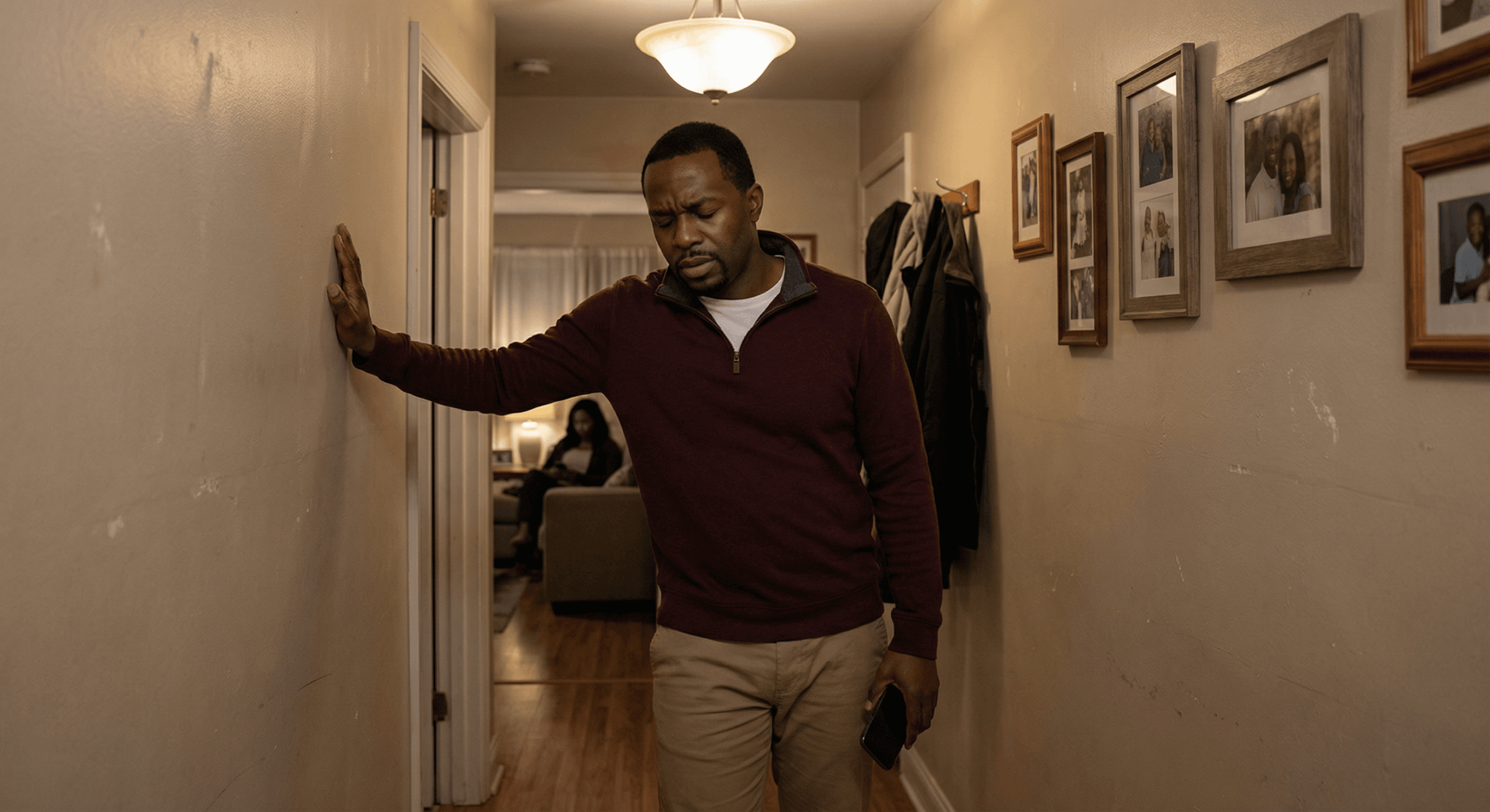 Black man standing in hallway with hand on wall eyes closed taking deliberate breath in evening light