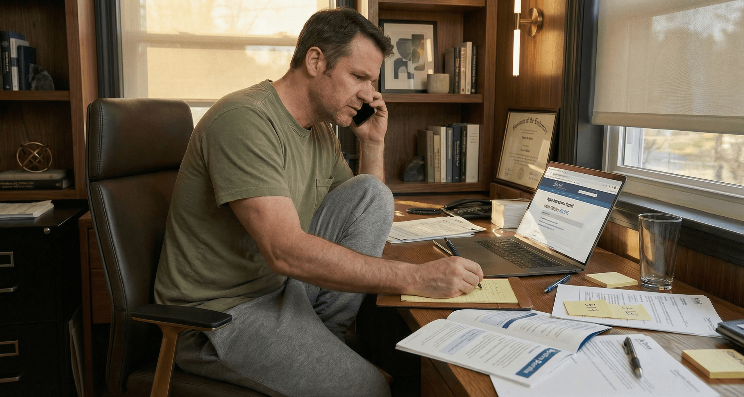 Man on phone reviewing insurance portal while taking notes illustrating mental health parity law violation regarding therapy session limits