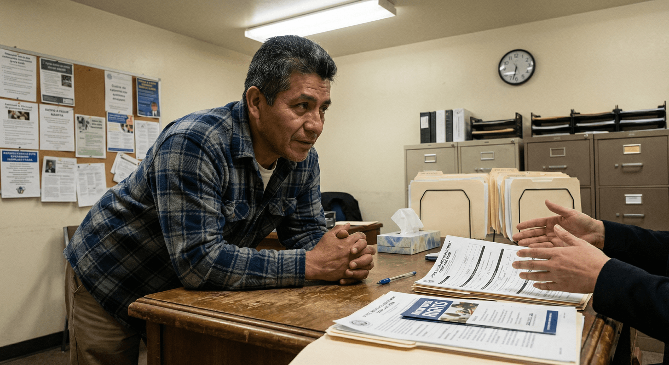 Latino man at legal aid office reviewing state insurance complaint form with advocate illustrating mental health parity law enforcement process