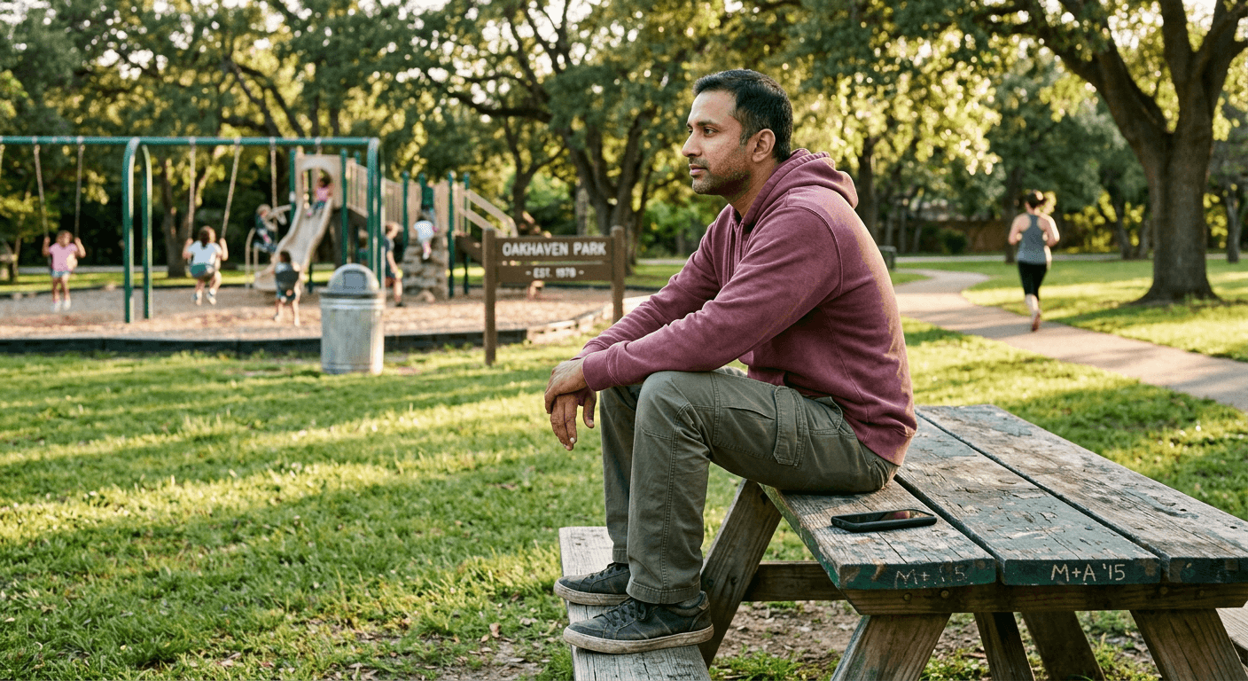 South Asian man sitting at park picnic table with phone face-down looking distant supporting burnout recovery through intentional disconnection