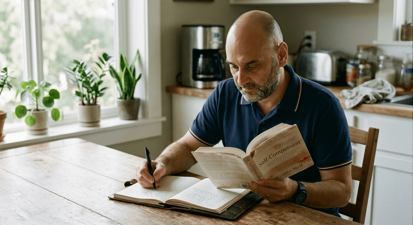 Man at kitchen table reading open book while writing reflective notes in journal with coffee mug nearby