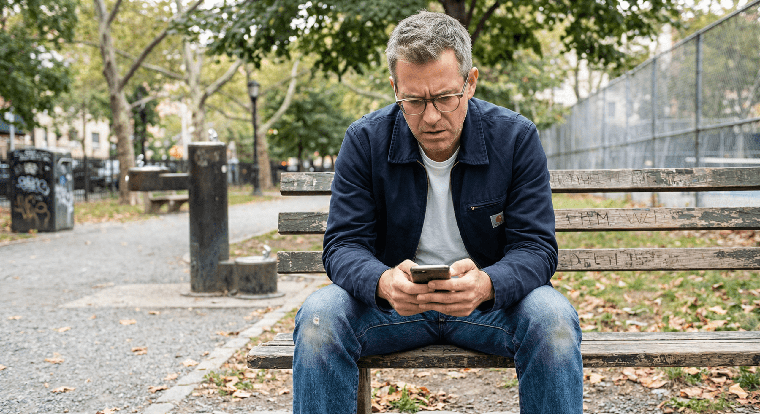 Man sitting on park bench wearing glasses focused on smartphone screen in midday outdoor light