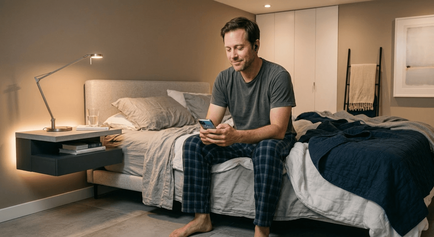 Man sitting on bed edge with earbuds using meditation app on smartphone in warm evening light