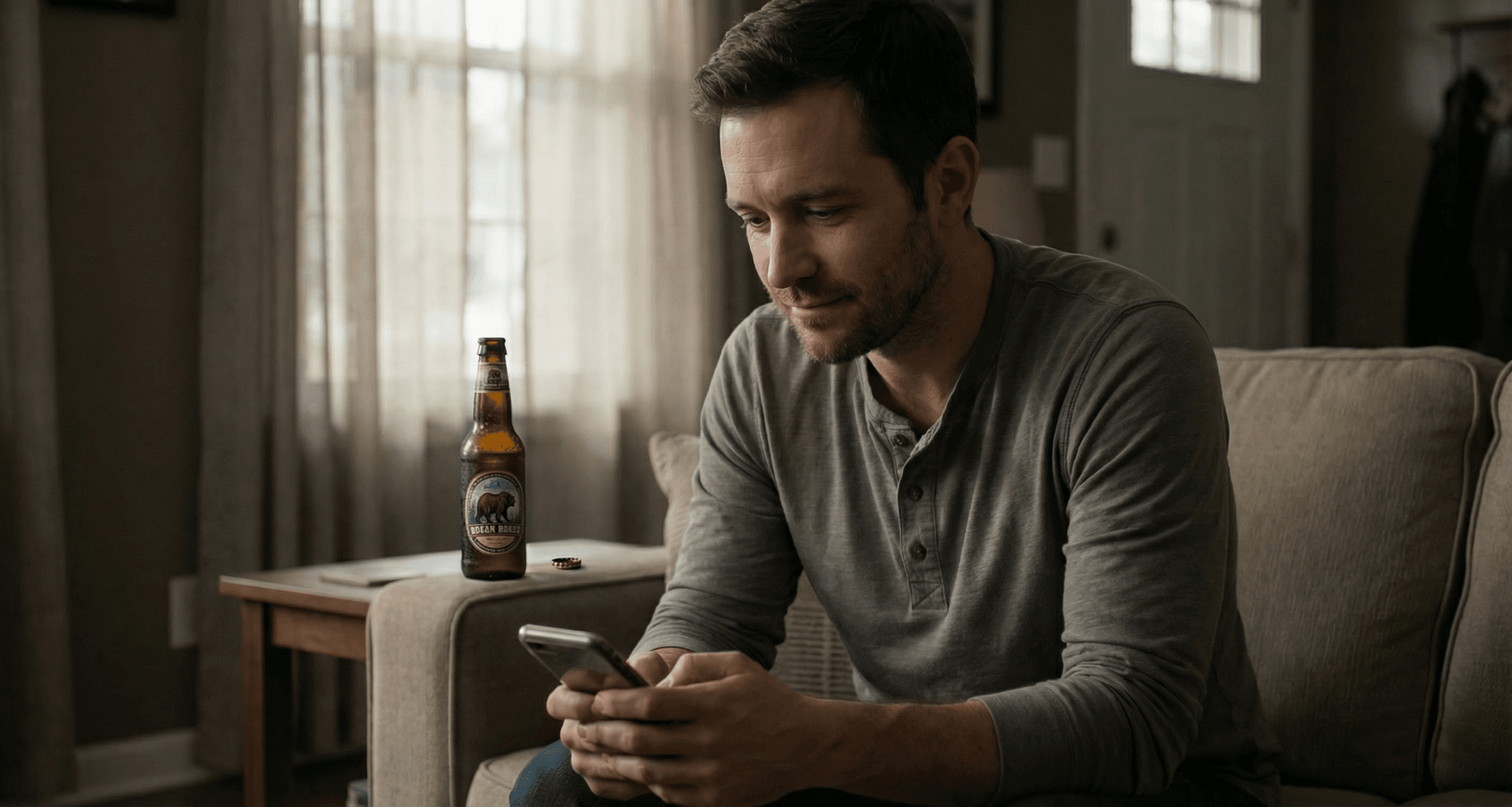 Man sitting on couch looking at smartphone screen engaged with mobile therapy messaging platform