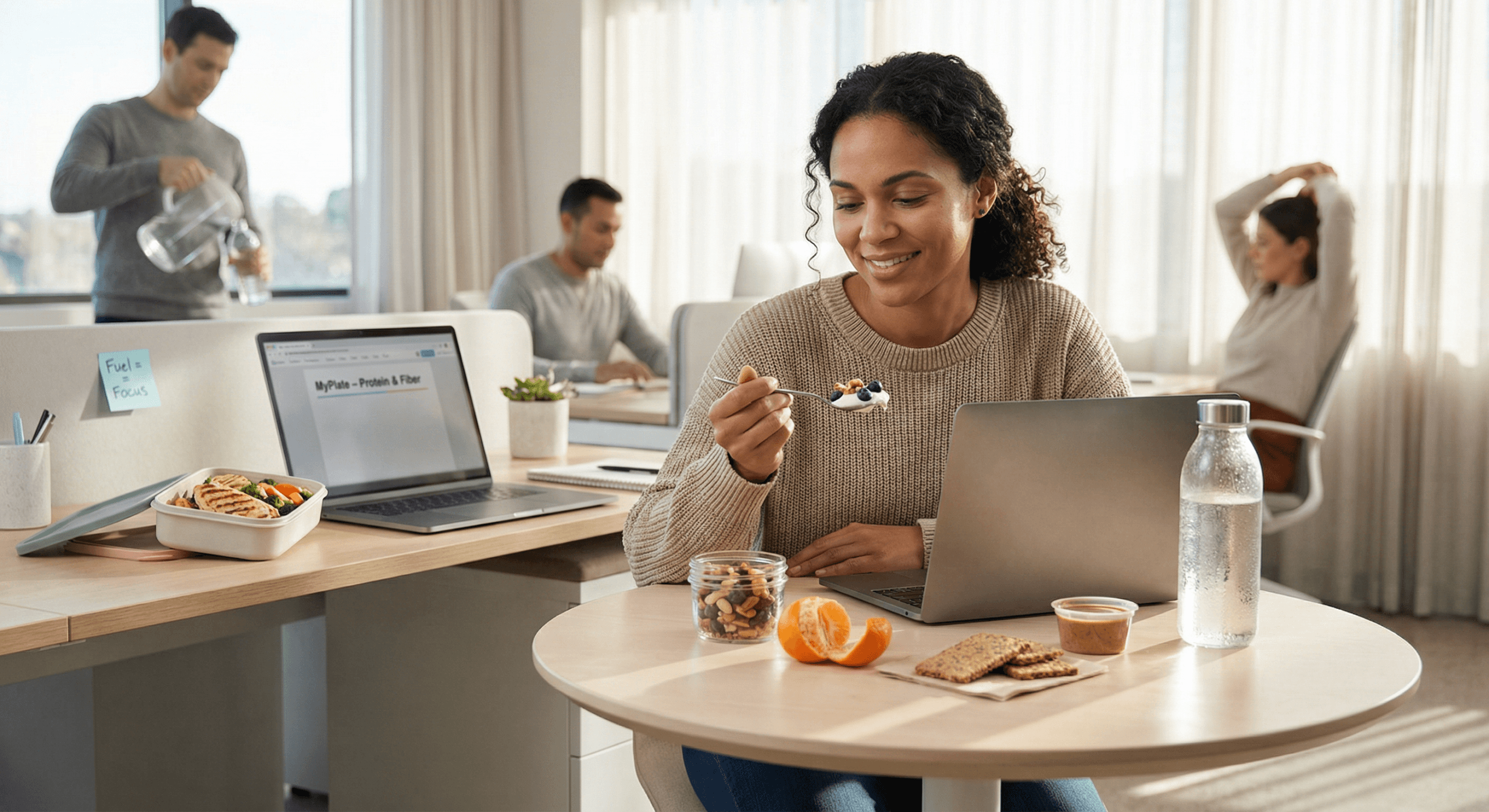 A professional woman pauses at her desk for yogurt, fruit, and water in bright natural light, embodying smart nutrition for working women through balanced snacks, hydration, and calm midday energy.