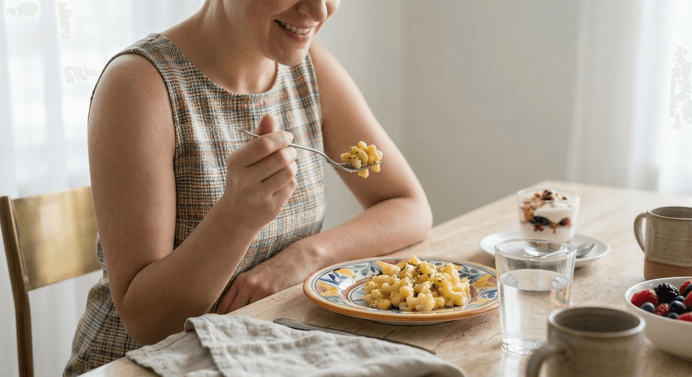 A person pauses mid‑bite at a sun‑lit table, smiling gently while savoring a light plate of upgraded comfort food, embodying healthy comfort food swaps and mindful eating that balance satisfaction with nourishment.