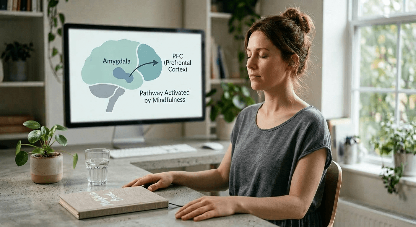 A person sits calmly at a desk with eyes closed and hands relaxed while a blurred screen shows a brain diagram behind them, illustrating emotional regulation skills through mindfulness practice supported by neuroscience.