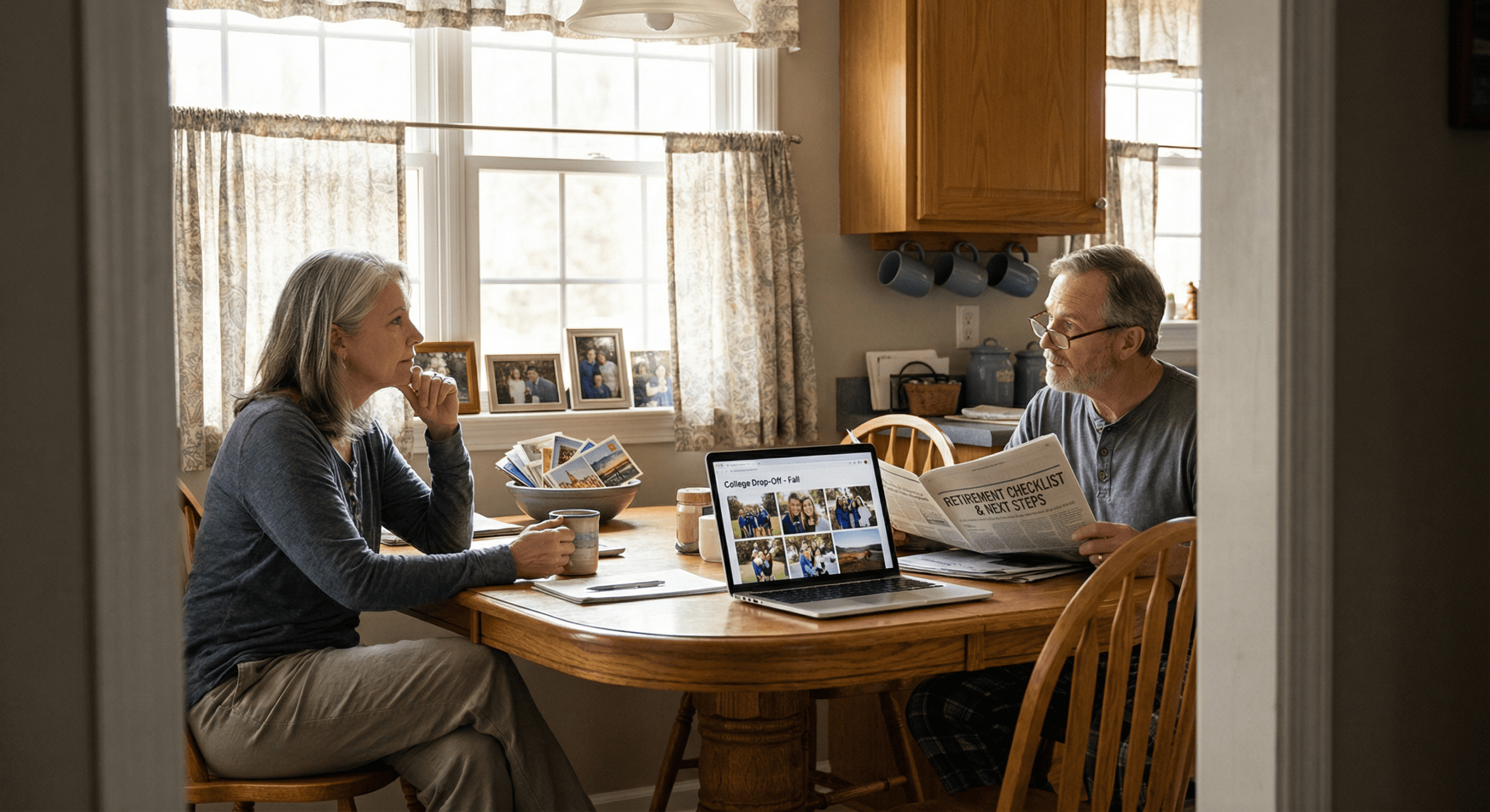 A mature couple sits at opposite ends of a sunlit breakfast table exchanging calm glances, representing grey divorce and the quiet shift in expectations during later‑life transitions toward independence and reflection.