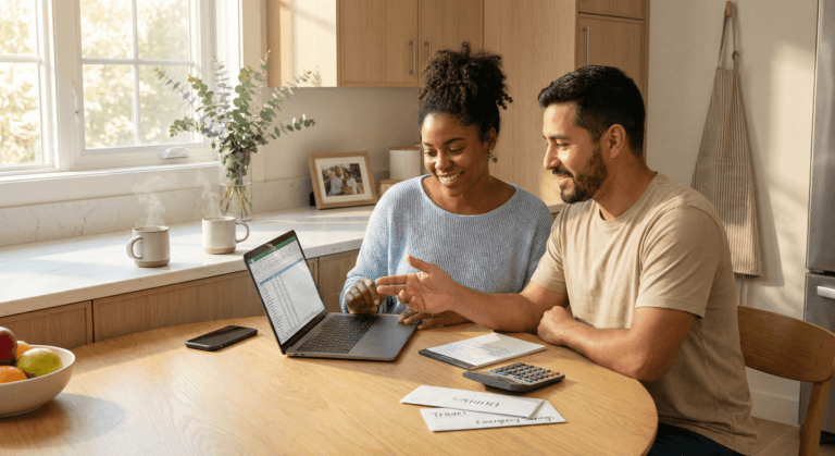 A couple shares coffee at a sunlit kitchen table reviewing a budget spreadsheet, reflecting how financial disagreements in relationships can become shared problem‑solving through calm communication and teamwork.