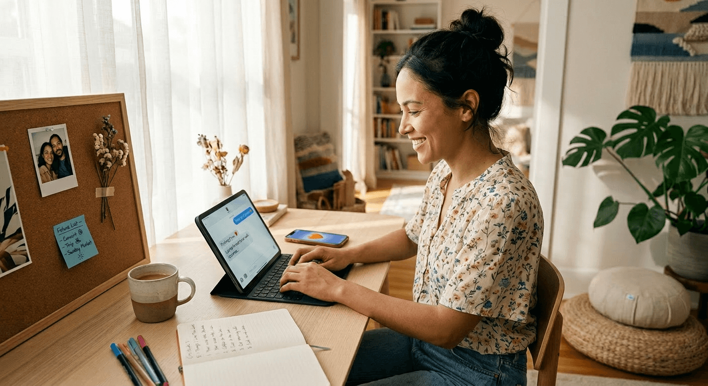 A smiling person types a warm message on a laptop at a sunlit desk with notes of gratitude nearby, illustrating long‑distance relationship tips such as daily appreciation, affectionate messages, and mindful routines that sustain closeness.