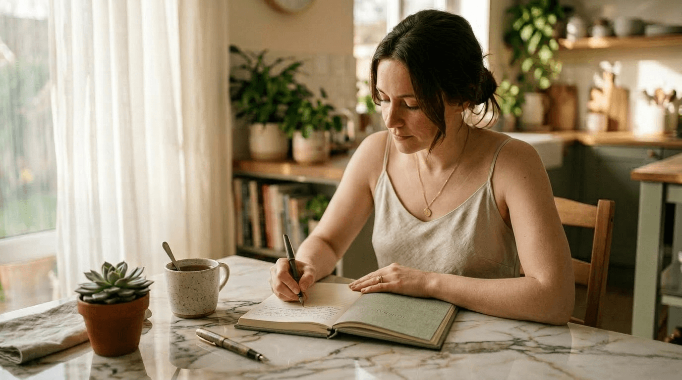 A woman writes thoughtfully in a fabric‑bound journal at a sunlit kitchen table, her peaceful focus capturing redefining strength as calm self‑reflection and everyday emotional resilience.