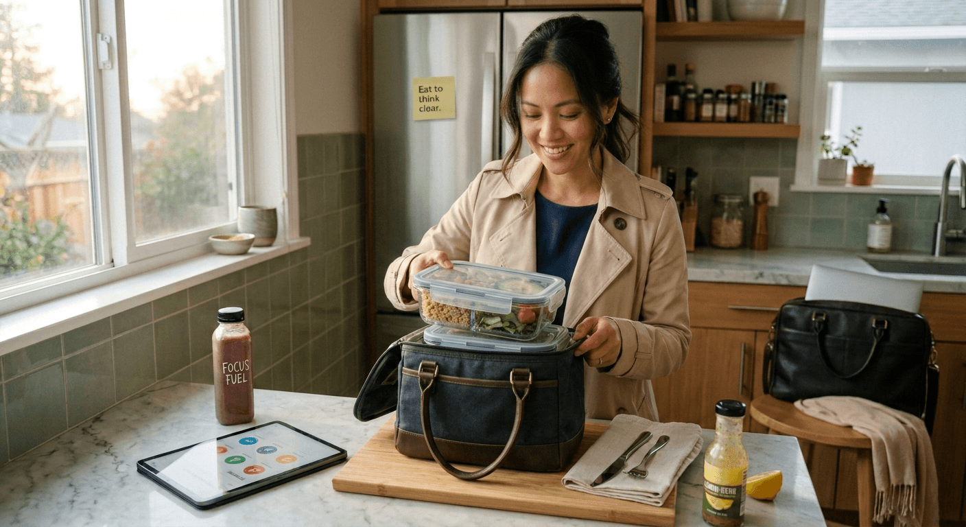A woman prepares a colorful, balanced lunch in a sun‑lit kitchen before work, embodying smart nutrition for working women through sustainable choices, mindful energy, and calm morning focus.