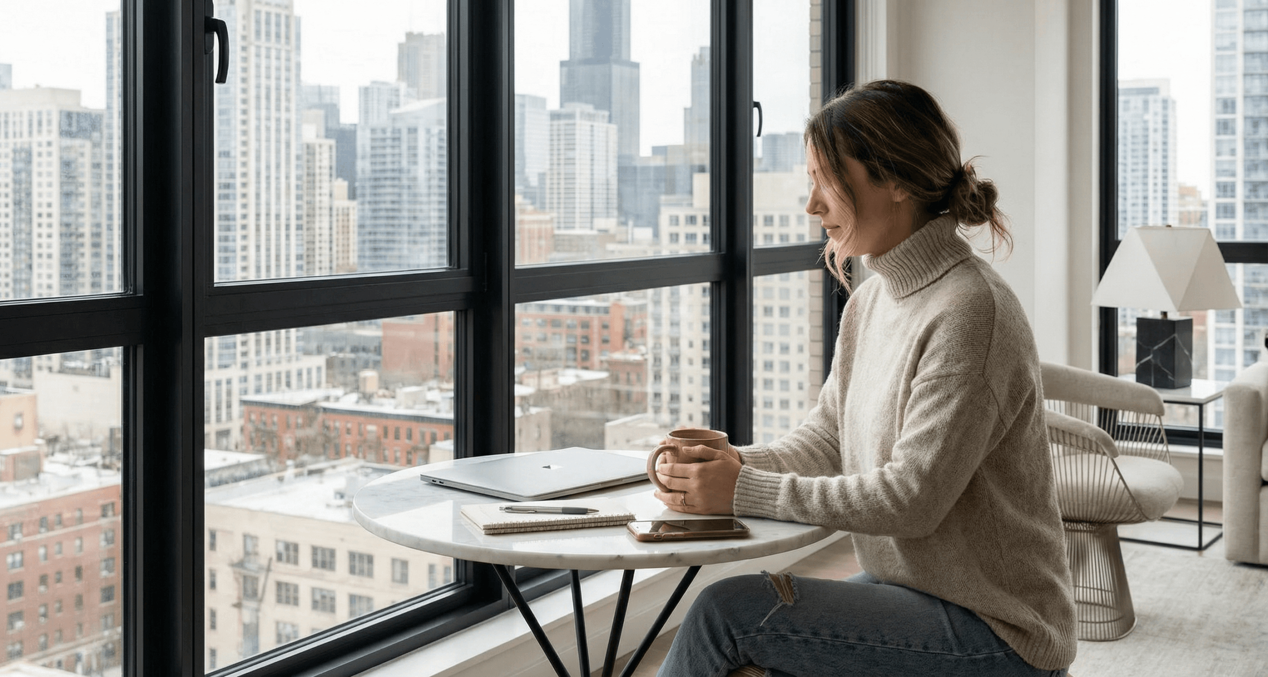 A person rests with a warm mug beside a sunlit window, pausing work to soak in natural light that symbolizes seasonal mood changes and the calming power of slow, mindful moments.