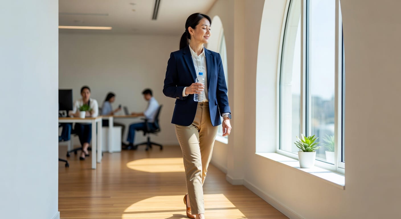 A professional walks slowly toward a sunlit window holding a water bottle, demonstrating emotional regulation skills through mindful movement—using brief physical resets to release tension and restore focus.