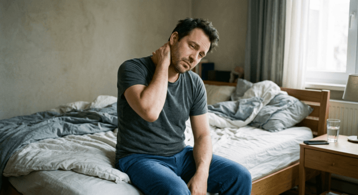 neck-stiffness-morning-discomfort-bedroom.jpg Man sitting on bed edge in morning light pressing hand to neck showing signs of neck stiffness