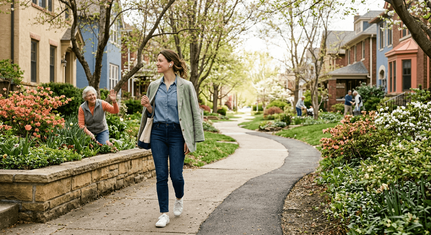 A person walks confidently along a tree‑lined path on a mild afternoon, smiling as neighbors greet them, symbolizing grey divorce and the rediscovery of self, connection, and renewed purpose after long‑term relationship change.