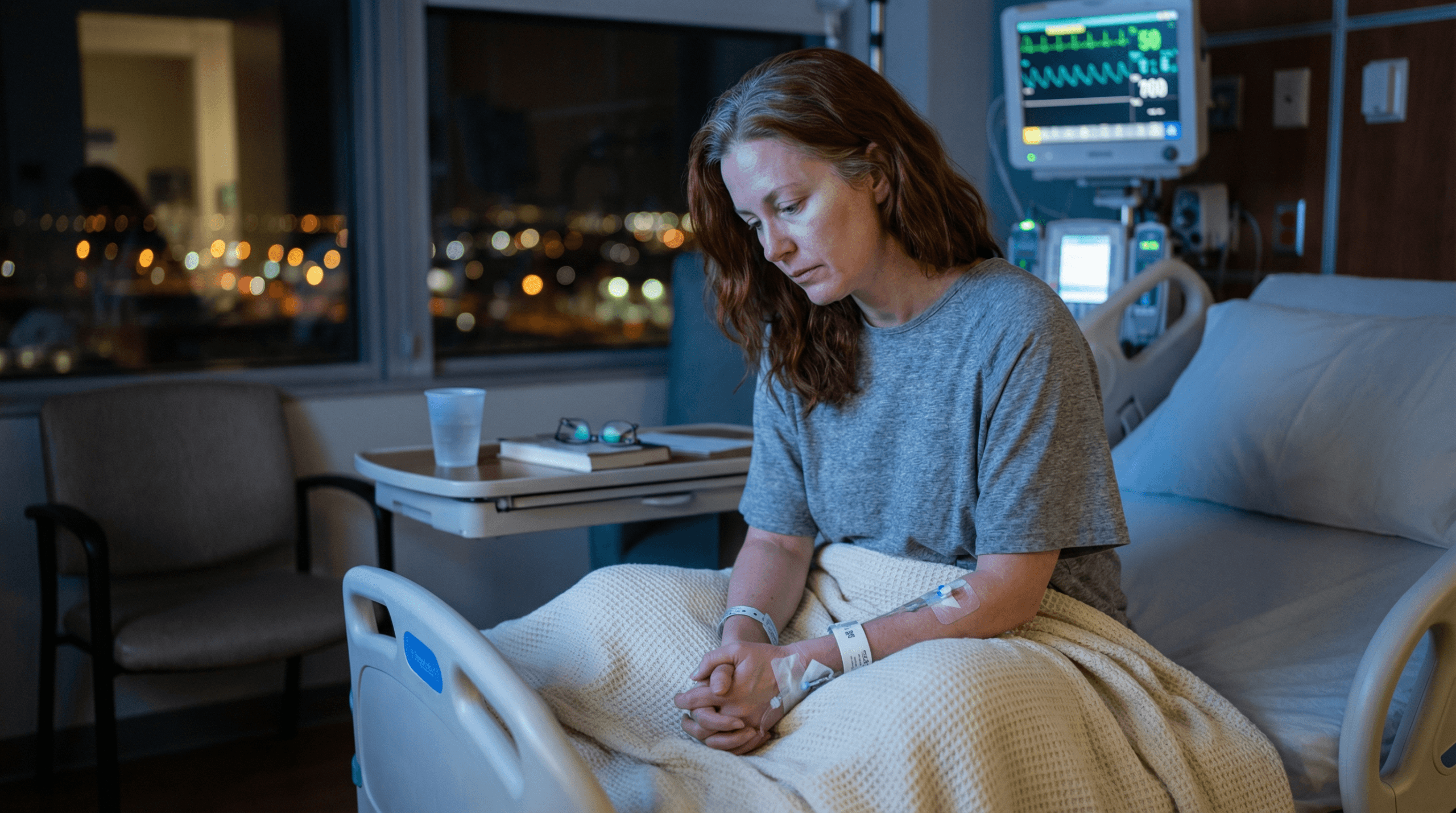 A woman in her late 40s sits alone on the edge of a dimly lit hospital bed gazing at her hands, illustrating caregiver vulnerability as she reconciles her professional identity with the sudden experience of being a patient.