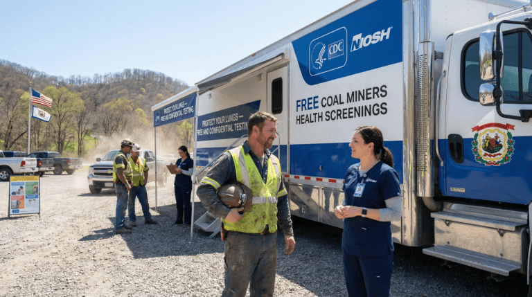 A NIOSH clinician greets a coal miner outside a bright mobile health‑unit truck in Appalachia, illustrating NIOSH coal miner screening 2026 as community‑based lung‑health outreach bringing free, confidential testing directly to miners.