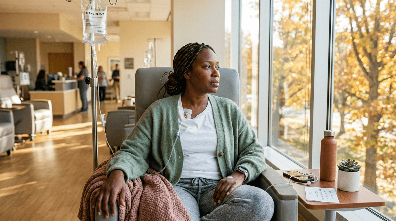 A Black woman nurse sits in an infusion chair receiving chemotherapy, gazing out a window at autumn trees, illustrating caregiver vulnerability as professional strength meets personal healing in moments of quiet resilience.