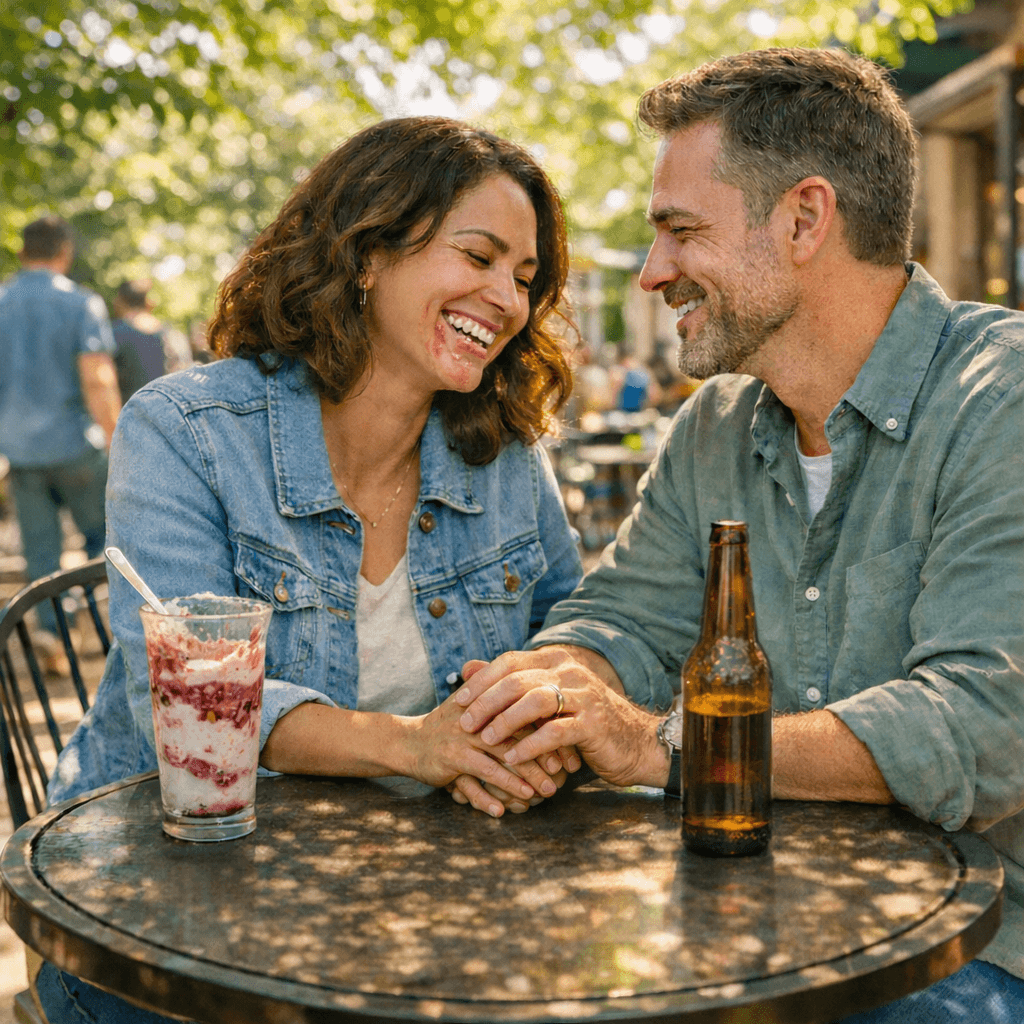 A couple shares relaxed laughter while walking hand in hand on a sunny day or sitting at a café table, illustrating intimacy in marriage through building emotional safety and trust before vulnerable conversations.