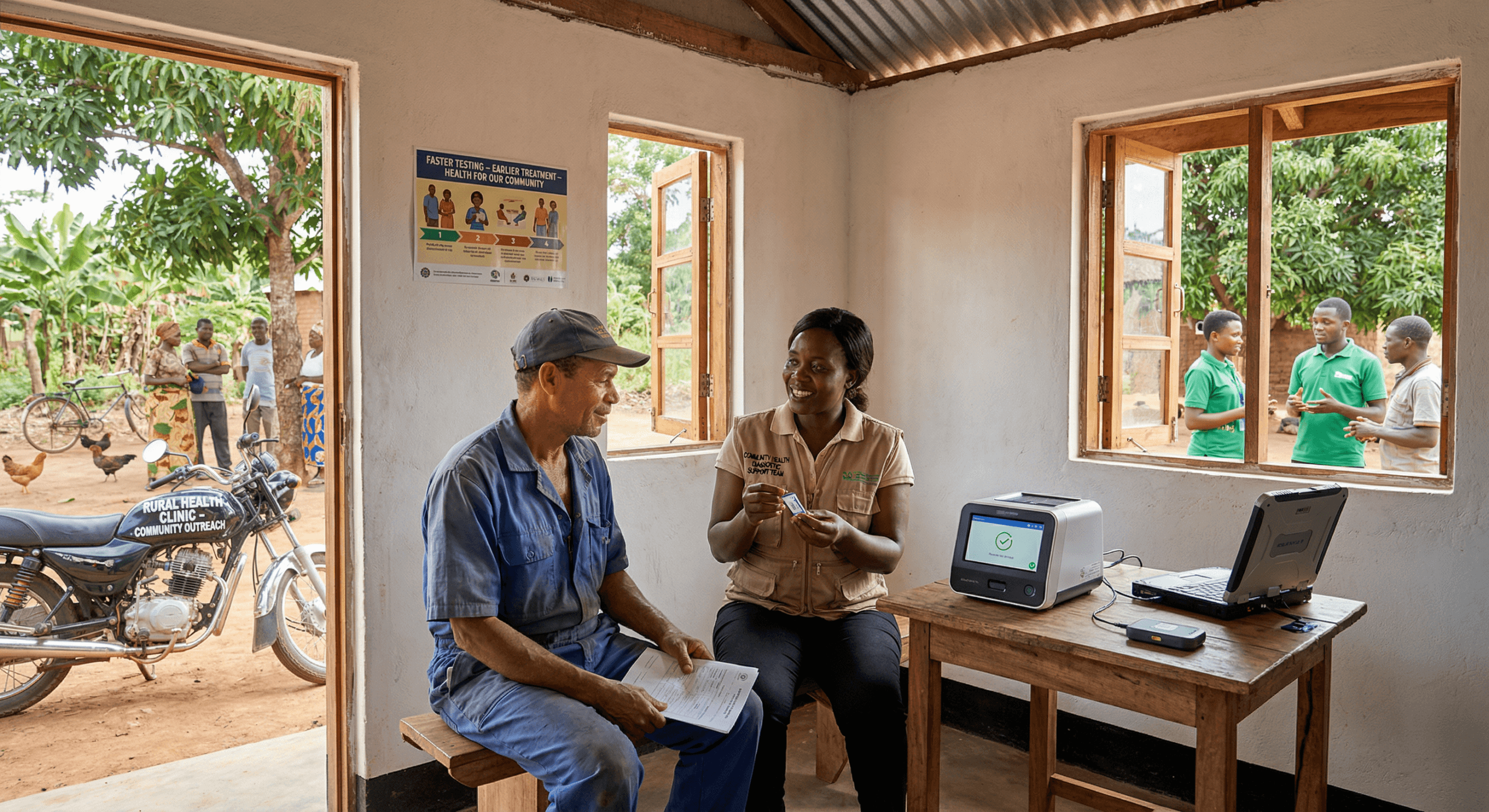 A healthcare worker demonstrates a tongue‑swab TB test to a young patient in a bright clinic, showing the WHO tuberculosis diagnosis update and its goal of faster, safer, and more accessible community testing worldwide.