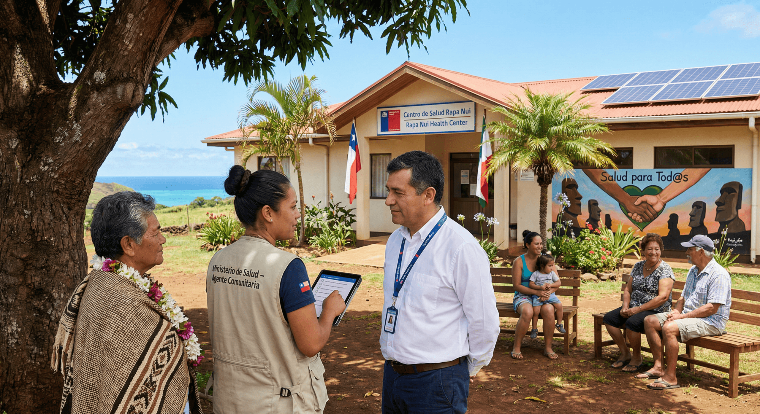 A Rapa Nui community‑health agent speaks with a village elder and Chilean official outside a sunlit island clinic, symbolizing Chile leprosy elimination WHO commitment through collaboration between indigenous leadership and national health systems.
