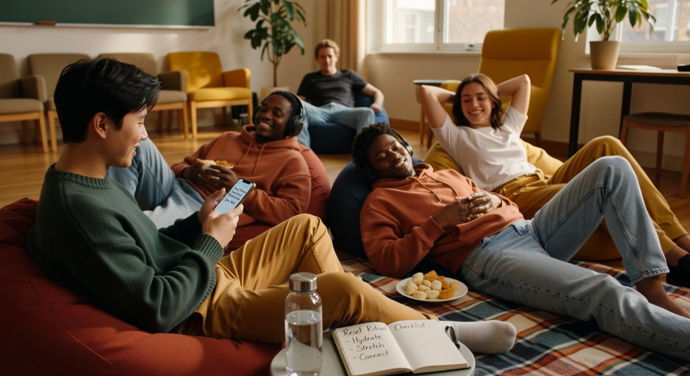 A relaxed group of college students lounges on beanbags and picnic blankets sharing snacks and smiles, representing college mental health strategies that promote recovery, friendship, and intentional rest as vital parts of student resilience.